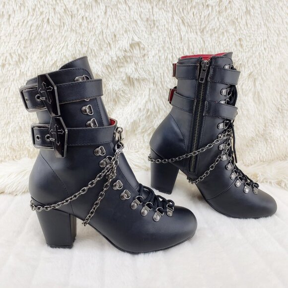 Vivika Goth Granny Ankle Boots Coffin Straps & Chain - Picture 12 of 16